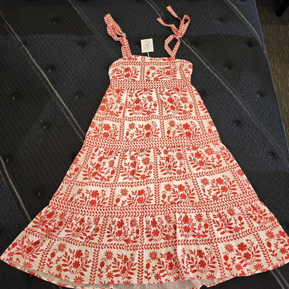 Polagram Women's Tie Shoulder Floral Red & White Midi Sundress Large